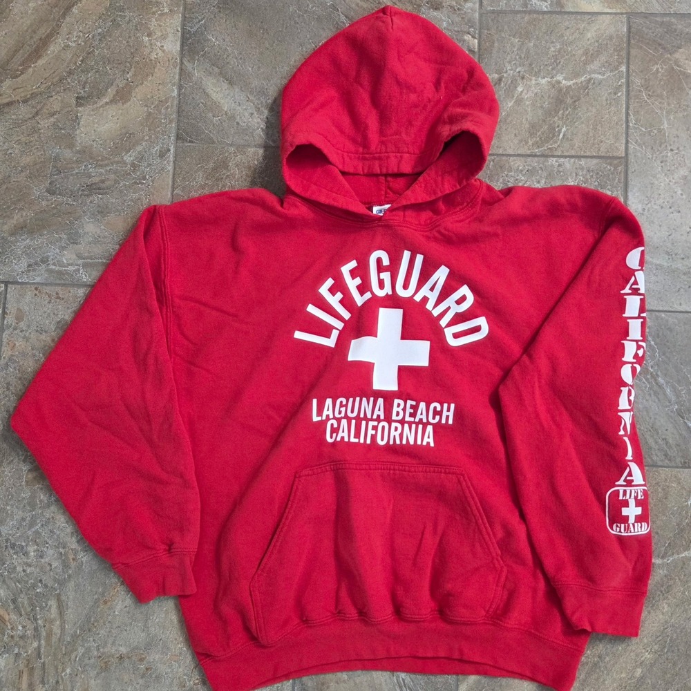 Gildan‎ Heavy Blend Lifeguard Laguna Beach California Hoodie Red Mens Large
